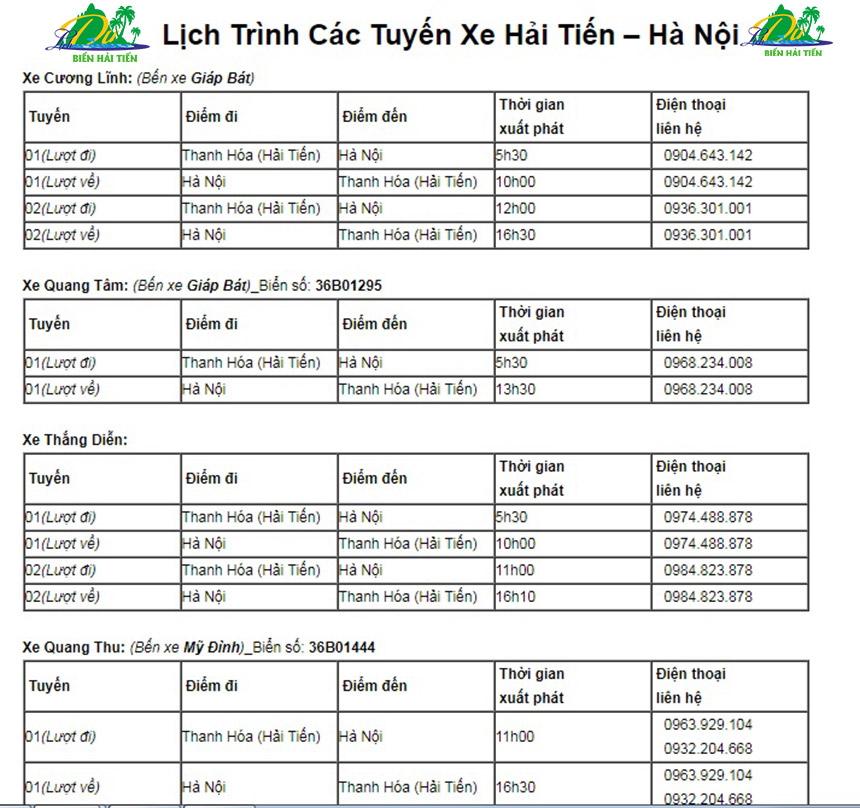 Lịch trình các chuyến xe đi Biển Hải Tiến Thanh Hóa - Hà Nội - Du lịch Biển Hải Tiến